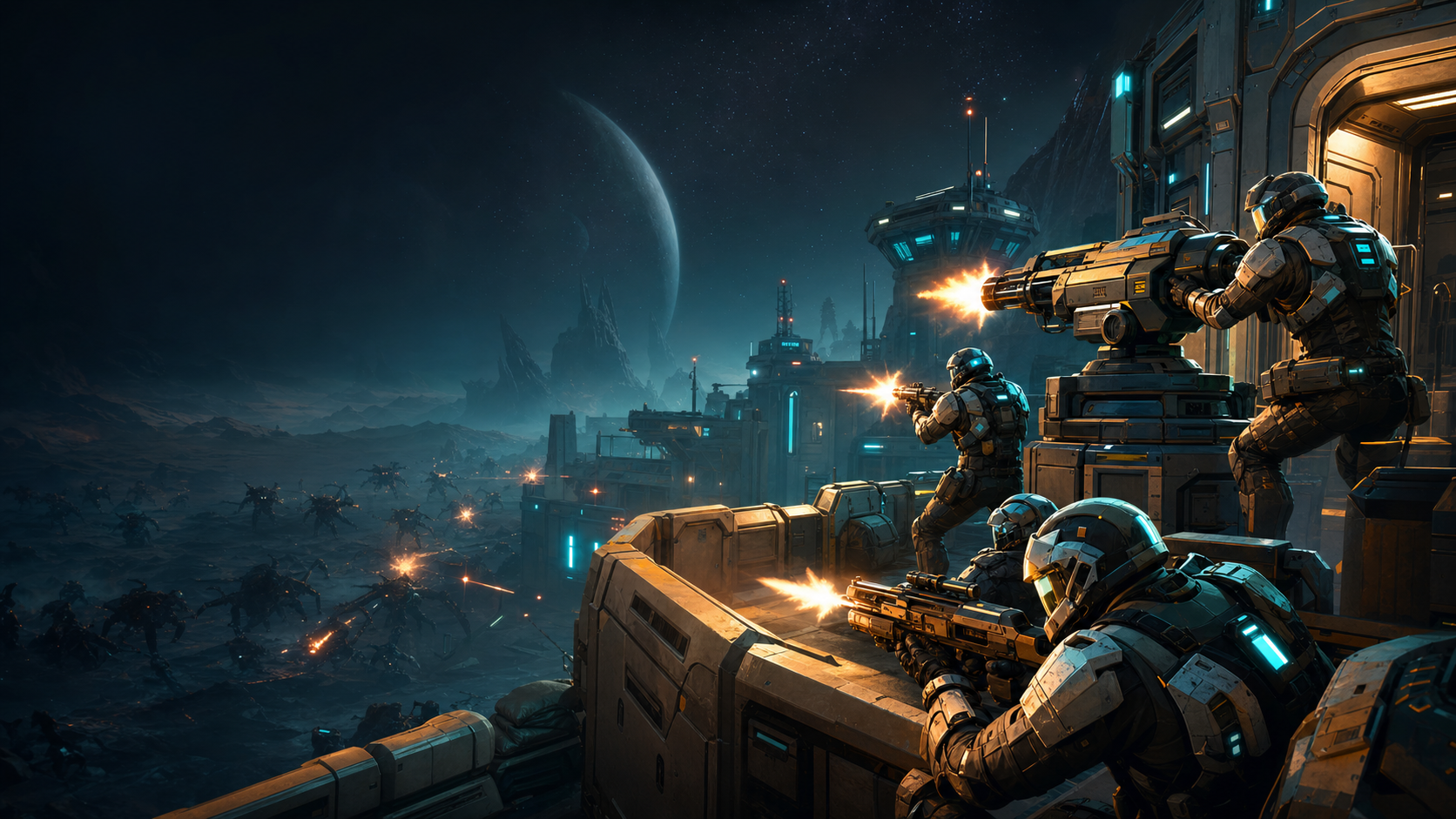 RogerRoger squad defending a futuristic base from alien waves